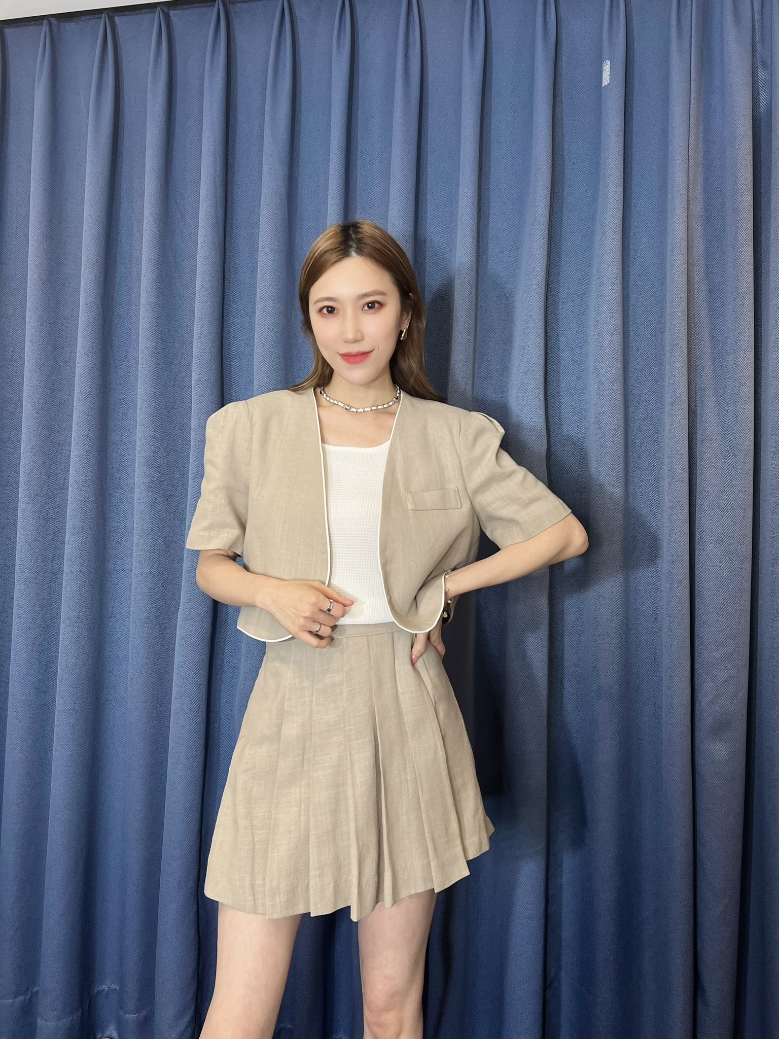 短袖棉麻織紋+百褶短褲裙SET