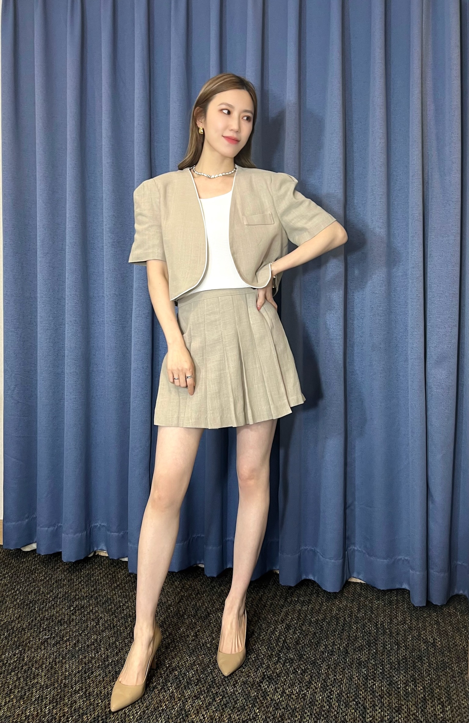 短袖棉麻織紋+百褶短褲裙SET