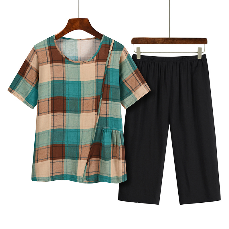 Middle-aged and elderly mothers short sleeve set (XL-4XL green grid) [Please contact customer service to confirm the shipping size after placing an order]