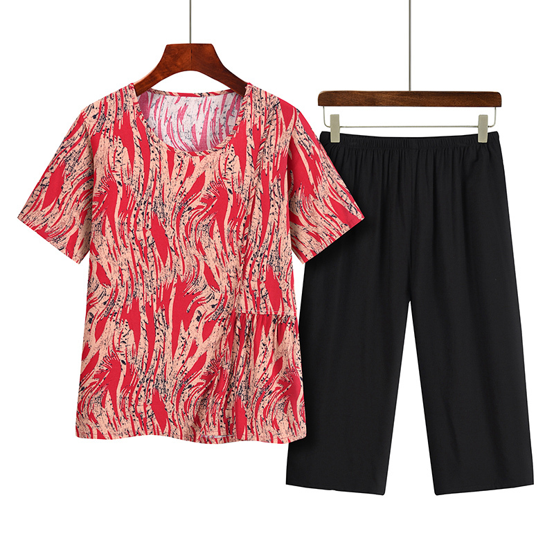Middle-aged and elderly mothers short sleeve set (XL-4XL size red stripe) [After placing an order, please contact customer service to confirm the shipping size]