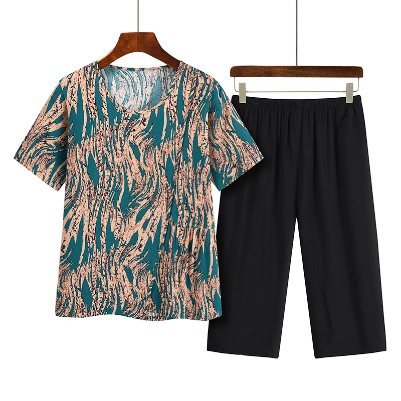 Middle-aged and elderly mom short-sleeved suit (XL-4XL green stripe) [Please contact customer service to confirm the shipping size after placing an order]