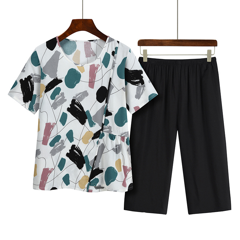 Middle-aged and elderly mothers short sleeve set (XL-4XL size white and blue) [After placing an order, please contact customer service to confirm the shipping size]