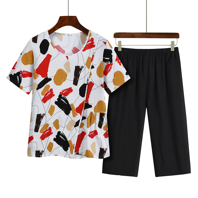 Middle-aged and elderly mothers short sleeve set (XL-4XL size white and red) [After placing an order, please contact customer service to confirm the shipping size]