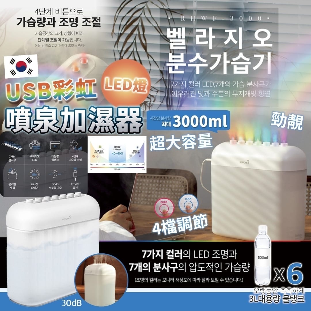 韓國USB彩虹色LED燈噴泉加濕器