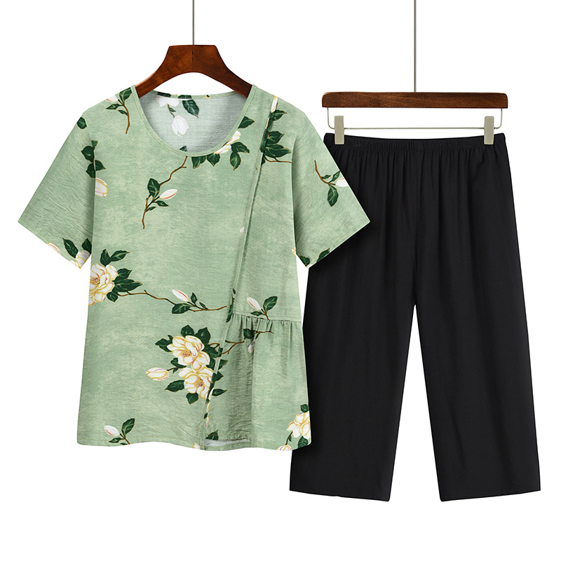 Middle-aged and elderly mom short-sleeved set (XL-4XL light green) [Please contact customer service to confirm the shipping size after placing an order]
