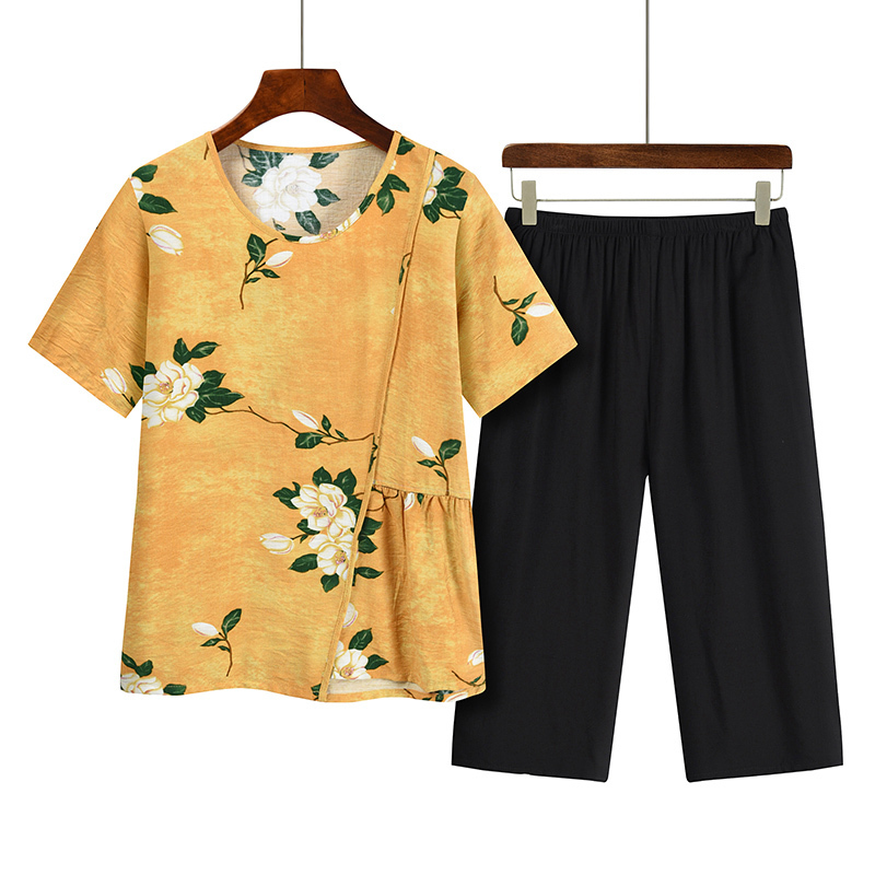 Middle-aged and elderly mothers short sleeve suit (XL-4XL light yellow) [After placing an order, please contact customer service to confirm the shipping size]