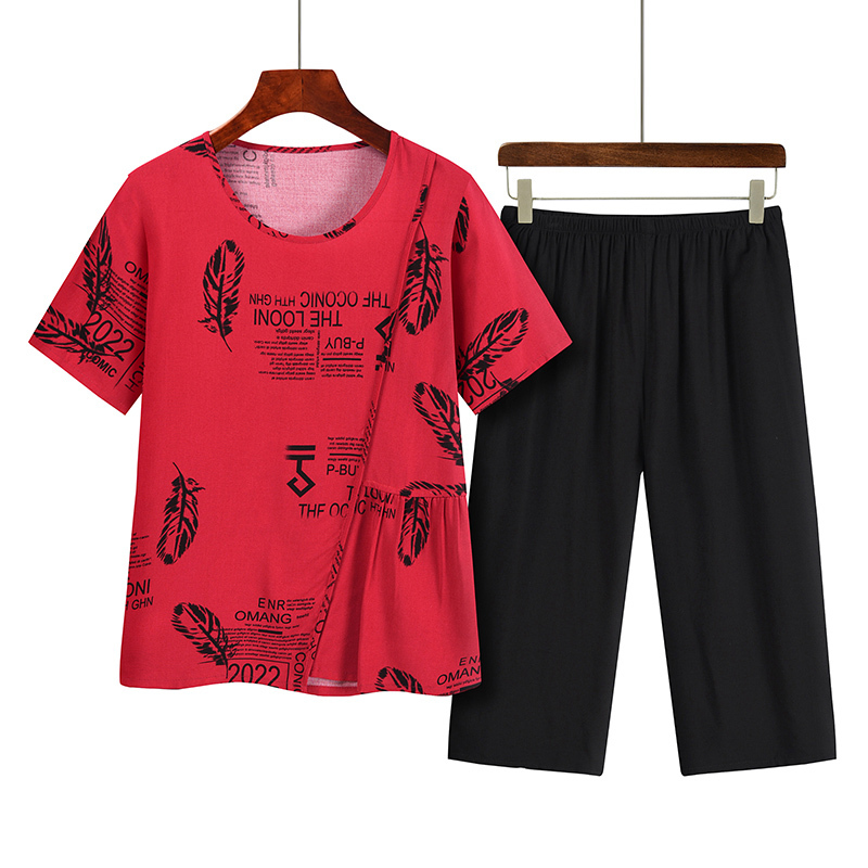 Middle-aged and elderly mom short-sleeved suit (XL-4XL size red) [After placing an order, please contact customer service to confirm the shipping size]