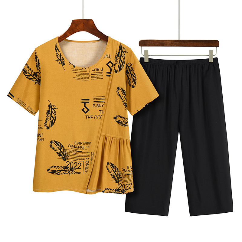 Middle-aged and elderly mom short sleeve set (XL-4XL size yellow) [After placing an order, please contact customer service to confirm the shipping size]