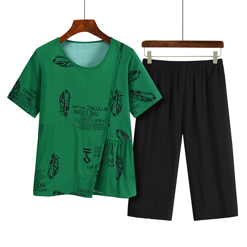 Middle-aged and elderly mothers short sleeve set (XL-4XL size green) [After placing an order, please contact customer service to confirm the shipping size]