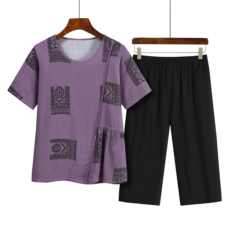 Middle-aged and elderly mothers short sleeve suit (XL-4XL purple) [After placing an order, please contact customer service to confirm the shipping size]