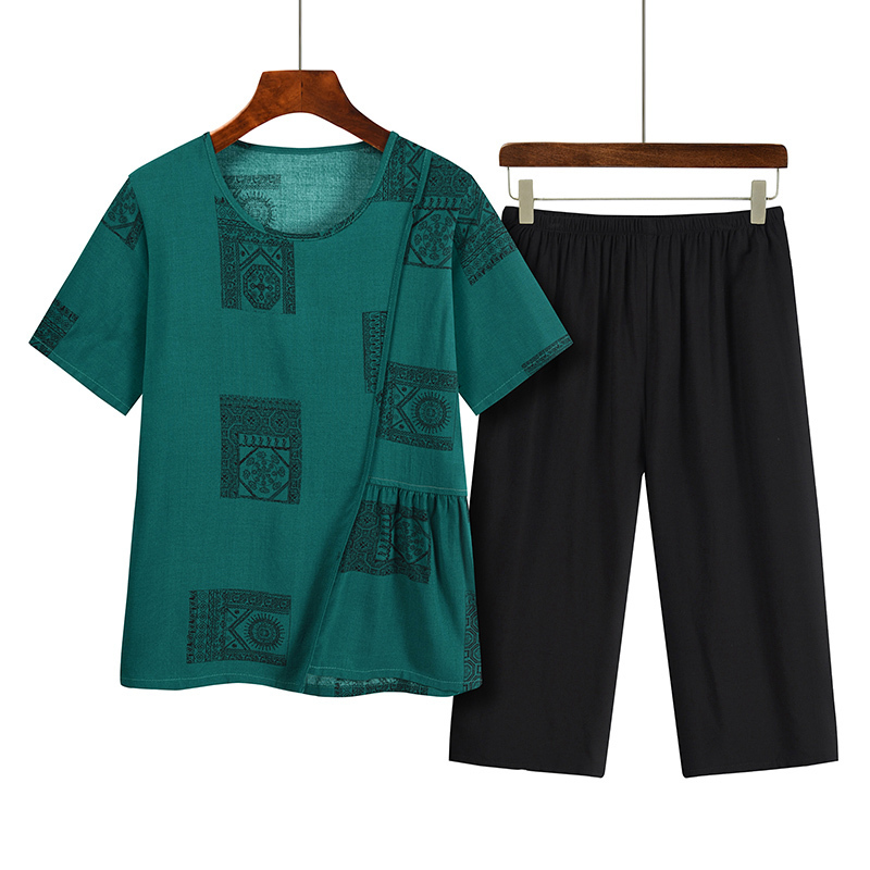 Middle-aged and elderly mothers short sleeve set (XL-4XL dark green) [After placing an order, please contact customer service to confirm the shipping size]