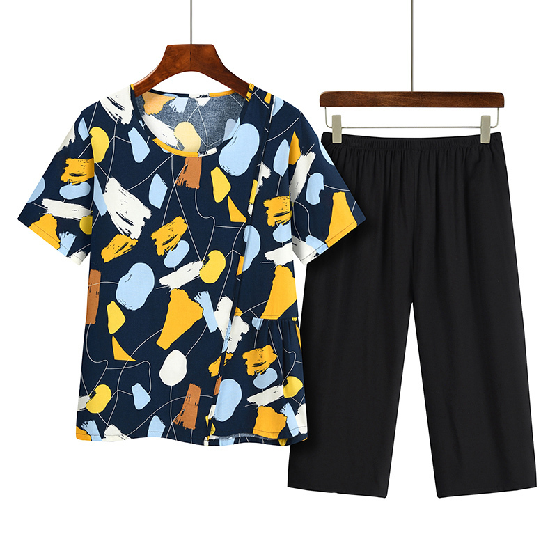 Middle-aged and elderly mom short-sleeved set (XL-4XL blue) [Please contact customer service to confirm the shipping size after placing an order]