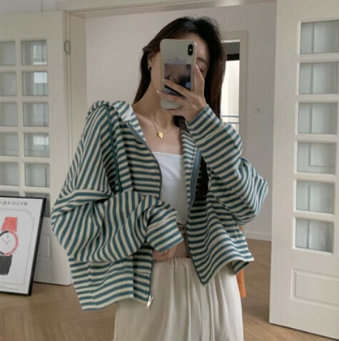 熱賣條紋連帽女衛衣（綠色M-XL下單後聯絡客服確認發貨尺碼）#