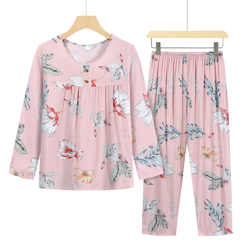Middle-aged and elderly home sleeve set (L-2XL size pink leaf large flower) [After placing an order, please contact customer service to confirm the shipping size]