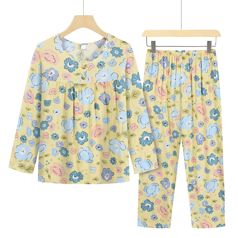 Middle-aged and elderly home sleeve set (L-2XL size yellow background flower cloud) [After placing an order, please contact customer service to confirm the shipping size]