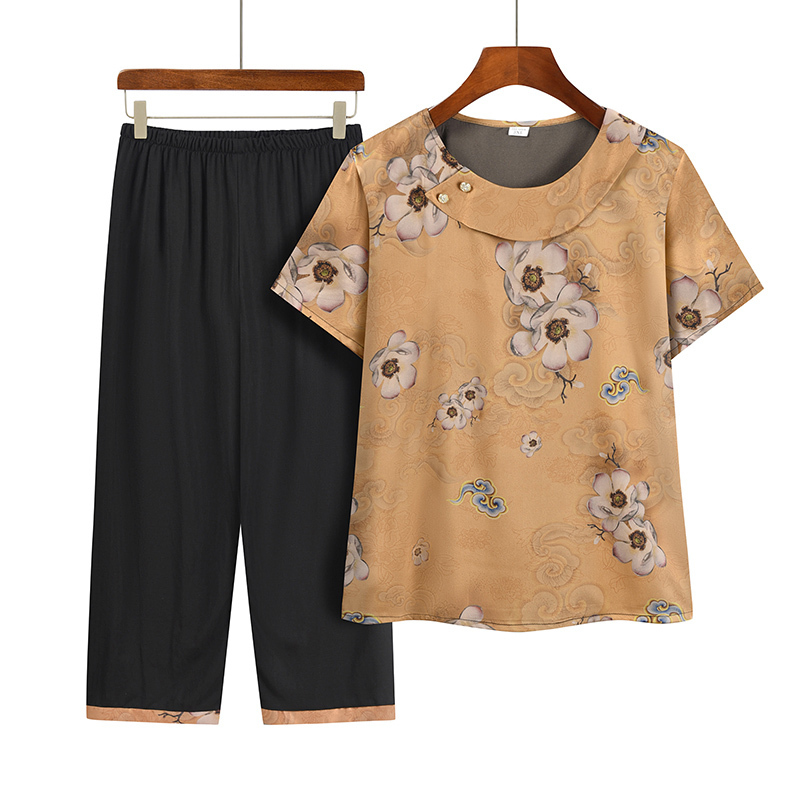 Middle-aged and elderly mom short-sleeved suit (XL-4XL size 2 color) [Please contact customer service to confirm the shipping size after placing an order]