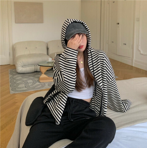 熱賣條紋連帽女衛衣（黑色M-XL下單後聯絡客服確認發貨尺碼）#
