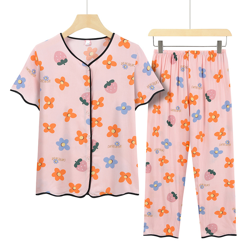 Middle-aged and elderly mothers short sleeve set (XL-4XL size strawberry pink floret) [After placing an order, please contact customer service to confirm the shipping size]