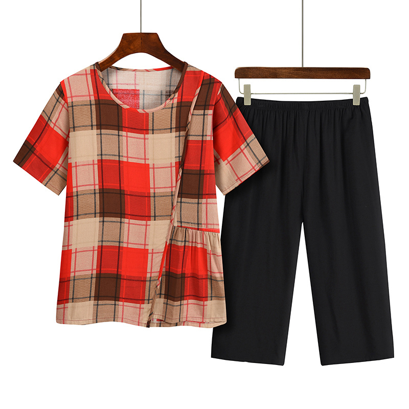 Middle-aged and elderly mothers short sleeve set (XL-4XL size red grid) [After placing an order, please contact customer service to confirm the shipping size]