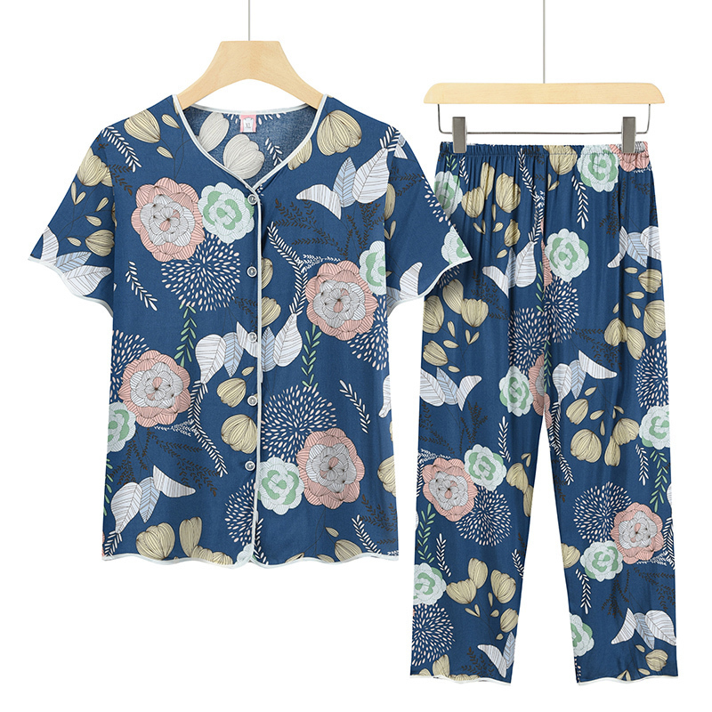 Middle-aged and elderly mothers short sleeve set (XL-4XL size blue flower) [Please contact customer service to confirm the shipping size after placing an order]