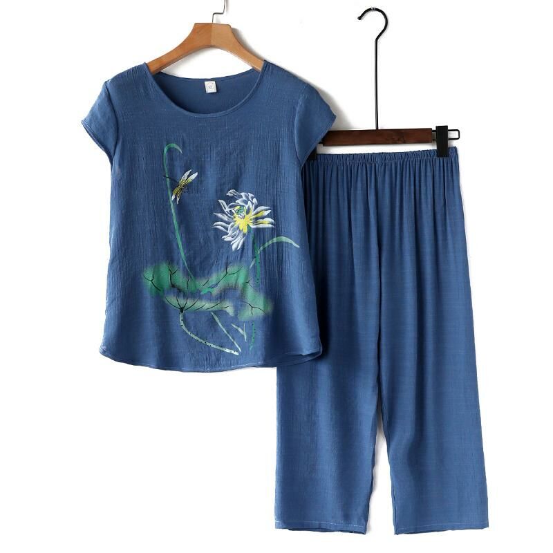 Middle-aged and elderly mom short-sleeved set (XL-4XL blue) [Please contact customer service to confirm the shipping size after placing an order]