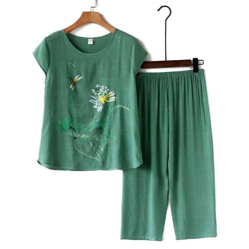 Middle-aged and elderly mothers short sleeve set (XL-4XL size green) [After placing an order, please contact customer service to confirm the shipping size]