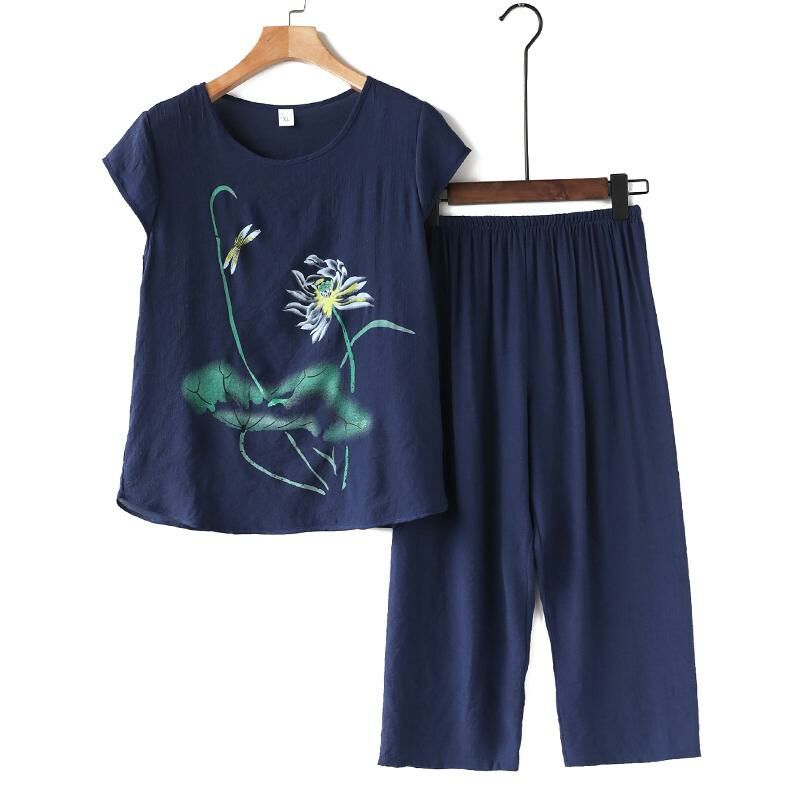 Middle-aged and elderly mom short sleeve suit (XL-4XL navy blue) [Please contact customer service to confirm the shipping size after placing an order]