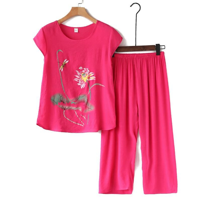Middle-aged and elderly mom short-sleeved suit (XL-4XL size rose) [After placing an order, please contact customer service to confirm the shipping size]