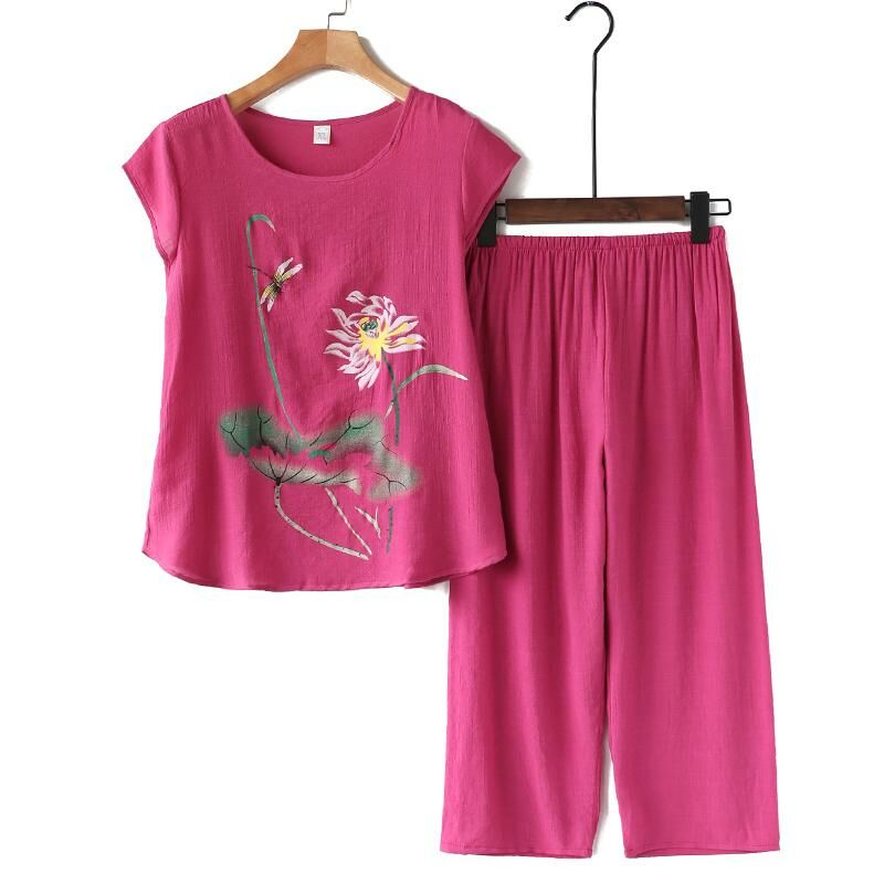 Middle-aged and elderly mothers short sleeve set (XL-4XL size fuchsia) [After placing an order, please contact customer service to confirm the shipping size]