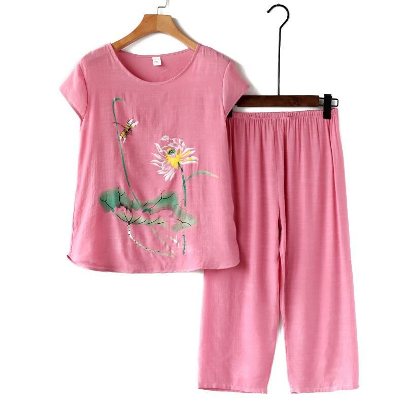 Middle-aged and elderly mom short-sleeved suit (XL-4XL pink) [After placing an order, please contact customer service to confirm the shipping size]