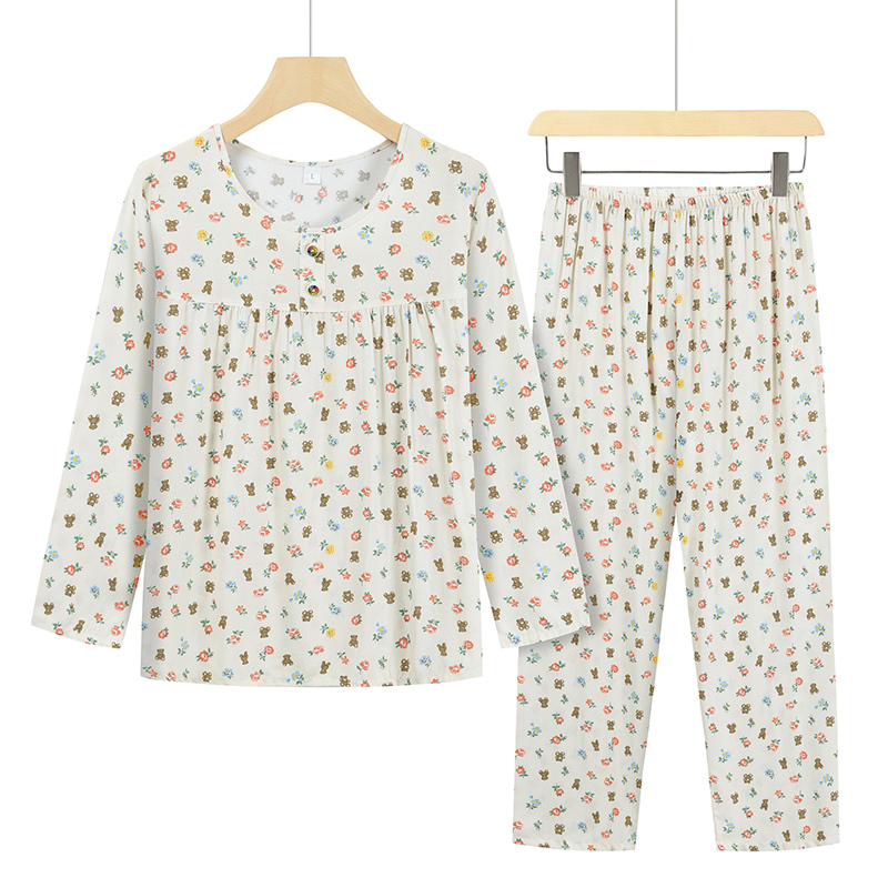 Middle-aged and elderly home sleeve set (L-2XL size white background flower bear) [After placing an order, please contact customer service to confirm the shipping size]
