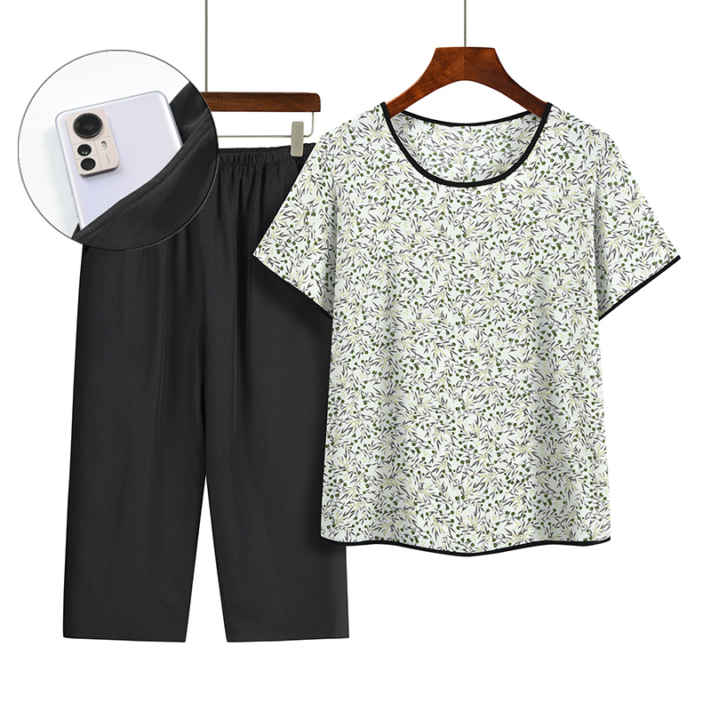 Middle-aged and elderly mom short-sleeved suit (XL-4XL size 2 color) [Please contact customer service to confirm the shipping size after placing an order]