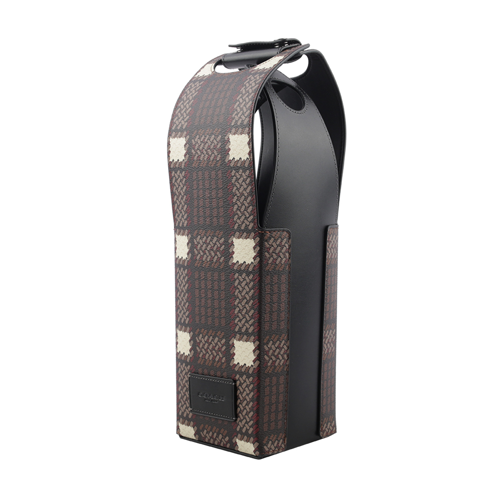 【COACH】格紋塗層帆布及牛皮酒瓶提袋(酒紅色/黑色) CN417 QBM2