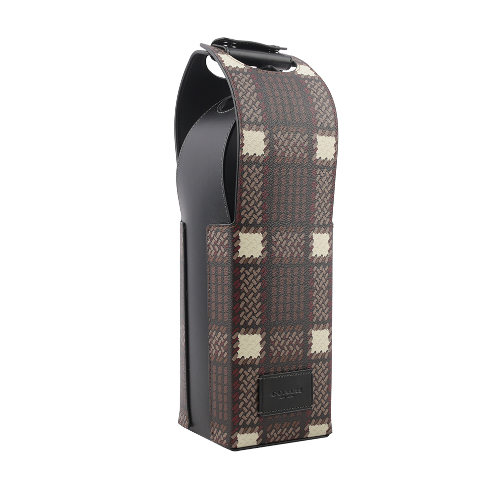【COACH】格紋塗層帆布及牛皮酒瓶提袋(酒紅色/黑色) CN417 QBM2