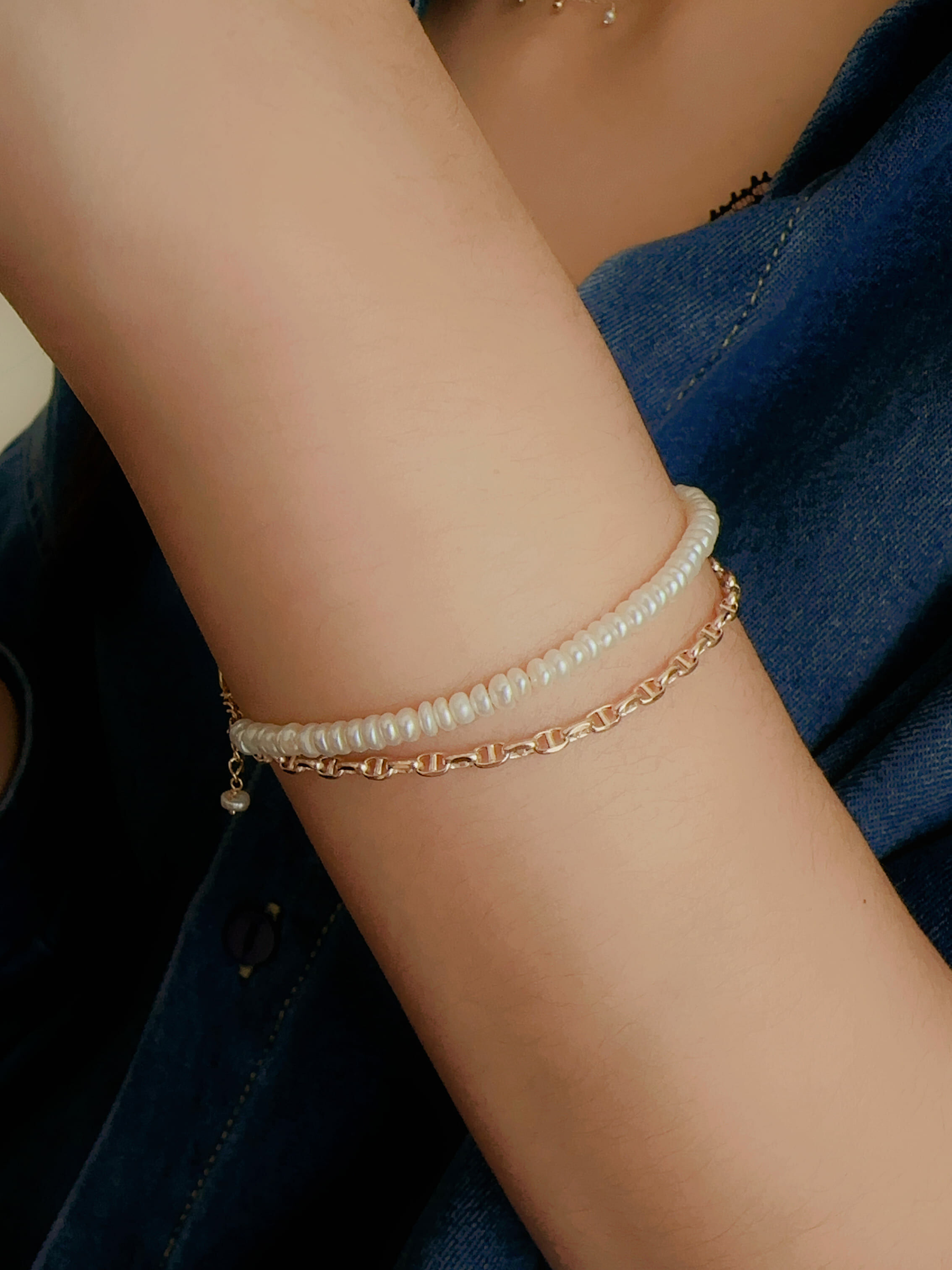 珍珠鈤圈雙鍊手鍊