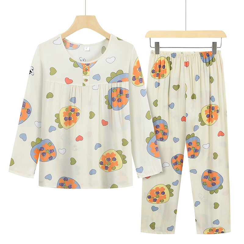 Middle-aged and elderly home sleeve set (L-2XL beige love strawberry) [After placing an order, please contact customer service to confirm the shipping size]