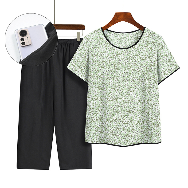 Middle-aged and elderly mom short sleeve suit (XL-4XL size 4 color) [Please contact customer service to confirm the shipping size after placing an order]