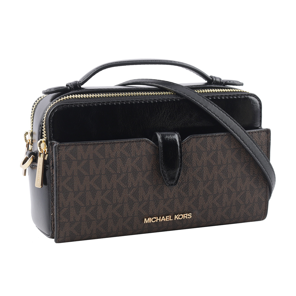 【Michael Kors】滿版塗層帆布Logo 及漆皮雙拉鍊二用包(咖啡色/黑色) 35H3GTTC2B BLACK