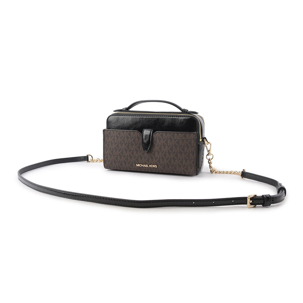 【Michael Kors】滿版塗層帆布Logo 及漆皮雙拉鍊二用包(咖啡色/黑色) 35H3GTTC2B BLACK