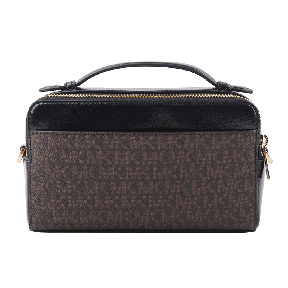 【Michael Kors】滿版塗層帆布Logo 及漆皮雙拉鍊二用包(咖啡色/黑色) 35H3GTTC2B BLACK