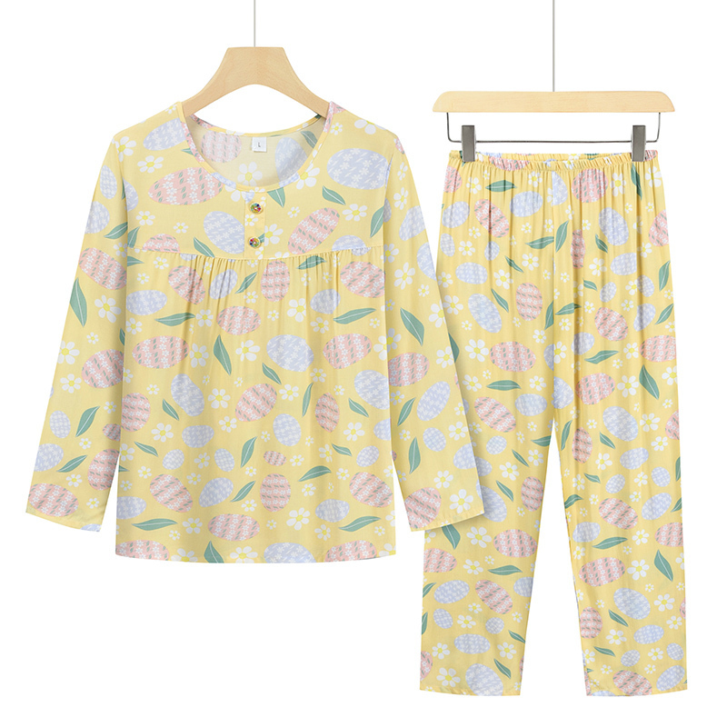 Middle-aged and elderly home sleeve set (L-2XL size yellow background flower ball leaves) [After placing an order, please contact customer service to confirm the shipping size]