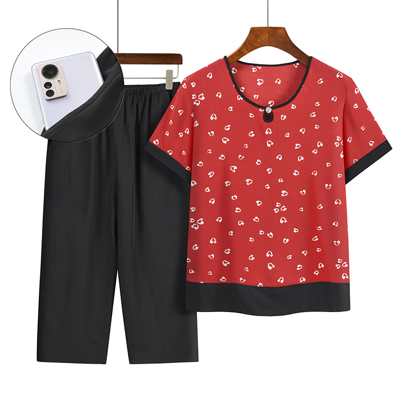 Middle-aged and elderly mom short-sleeved suit (XL-4XL size red) [After placing an order, please contact customer service to confirm the shipping size]