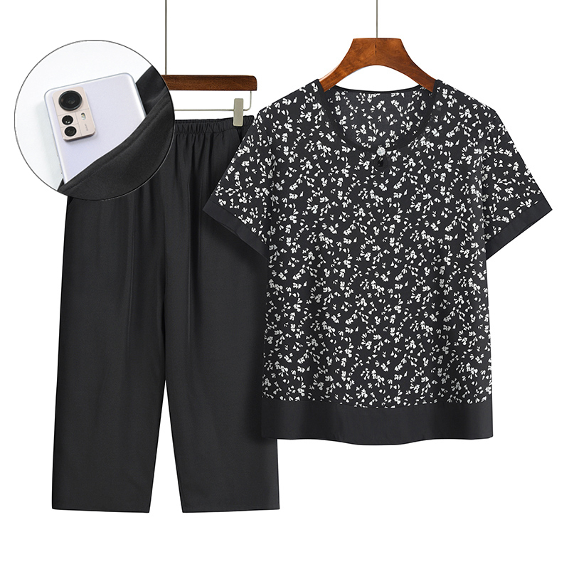 Middle-aged and elderly mothers short sleeve suit (XL-4XL size black floral) [Please contact customer service to confirm the shipping size after placing an order]