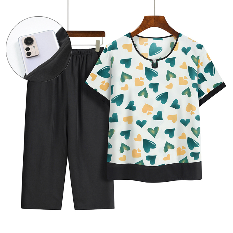 Middle-aged and elderly mothers short sleeve set (XL-4XL blue and white) [After placing an order, please contact customer service to confirm the shipping size]