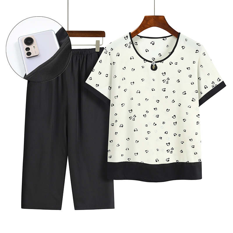 Middle-aged and elderly mother's short-sleeved suit (XL-4XL off-white) [After placing an order, please contact customer service to confirm the shipping size]