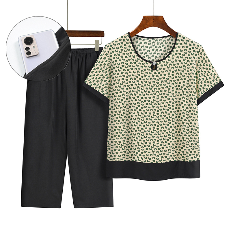 Middle-aged and elderly mother's short-sleeved suit (XL-4XL size green floral) [Please contact customer service to confirm the shipping size after placing an order]