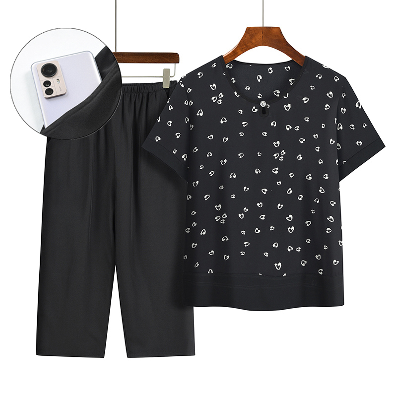Middle-aged and elderly mothers short sleeve set (XL-4XL size black) [After placing an order, please contact customer service to confirm the shipping size]