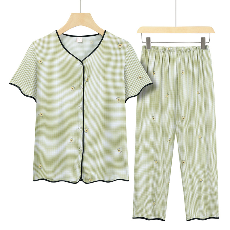 Middle-aged and elderly mothers short sleeve set (XL-4XL size autumn fragrant green flowers) [After placing an order, please contact customer service to confirm the shipping size]
