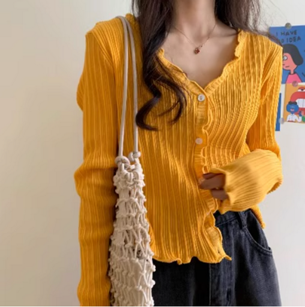 Long Sleeve Knit Slim Fit Cardigan V-Neck Casual Cropped (Yellow) (Size: One Size)
