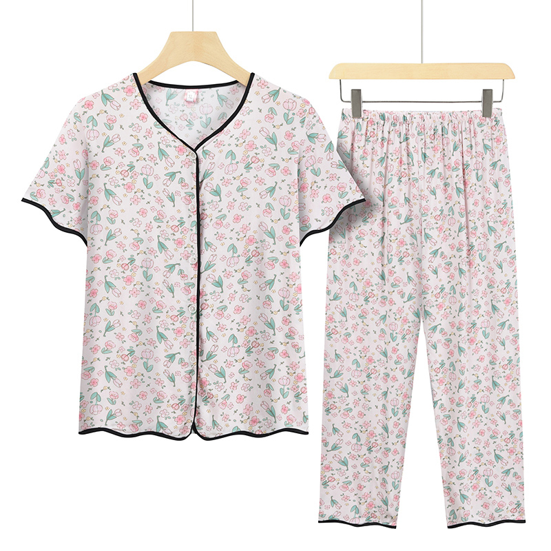 Middle-aged and elderly mothers short sleeve set (XL-4XL size fresh little pink flower) [After placing an order, please contact customer service to confirm the delivery size]